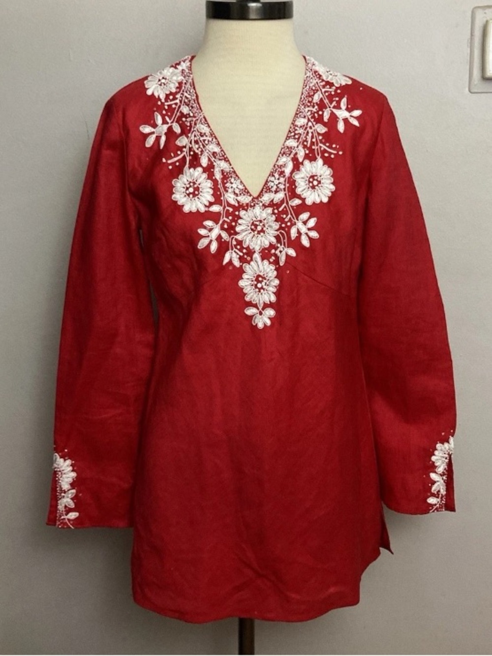 5-9 Lafayette 148 Red tunic Top 100% Linen 4 Embroidered Beaded